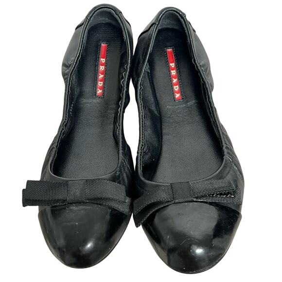 Prada Logo Ballet Flats Shoes Womens Size 7 US 37 EU Black Leather Bow Slip On - Picture 1 of 8